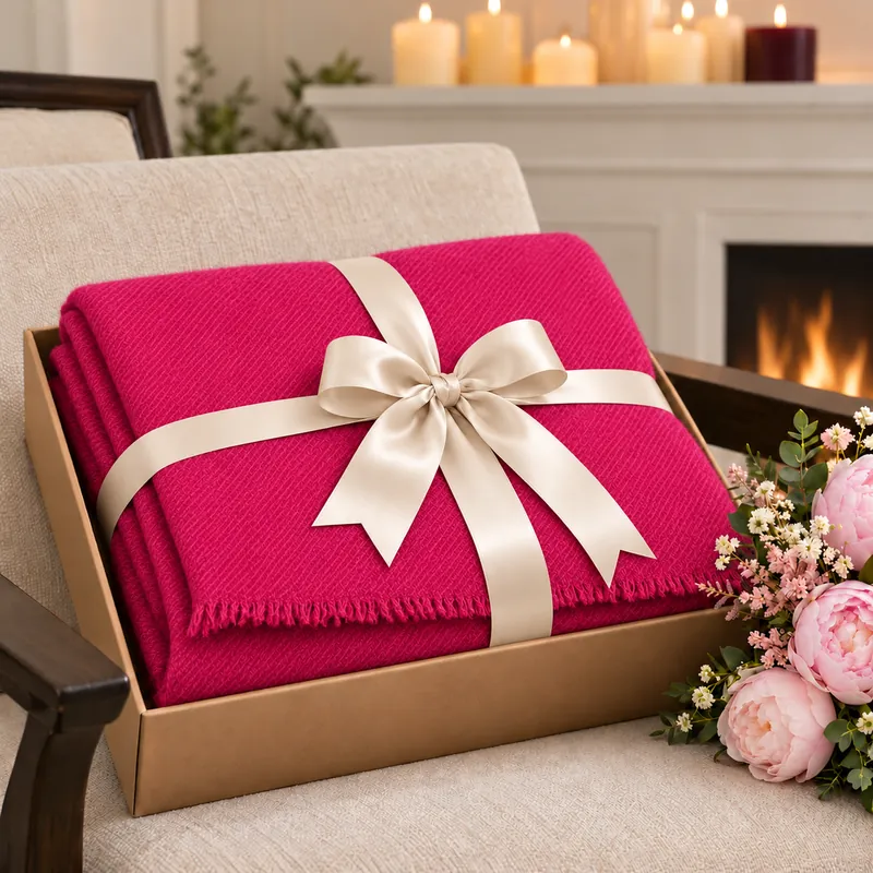 AI photoshoot concept: a folded throw blanket in a gift box on an armchair