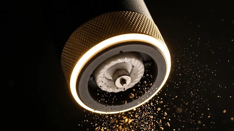 Close-up of the grinder's burr with pepper falling