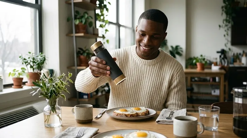 A man seasons a steak with the pepper grinder in a dark kitchen