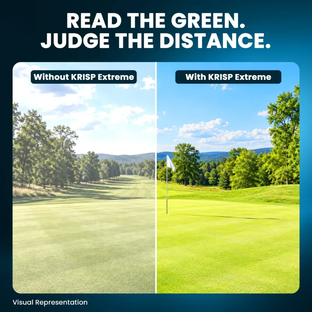 Without and with the lens: a golf green shown side by side